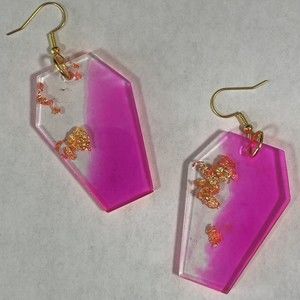 Resin Halloween Coffin Pink with Gold Flake Earrings Hand Crafted